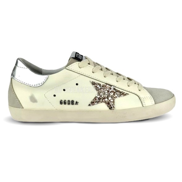Женские кеды Golden Goose Super-Star With Gold Glitter Star and Ice-Gray Suede Inserts