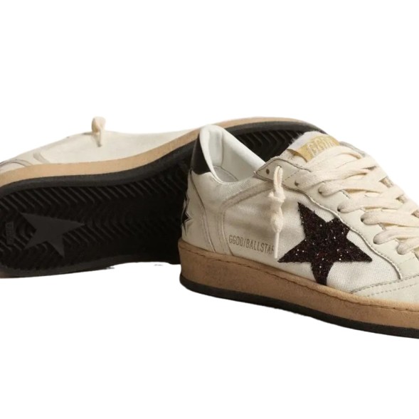 Женские кеды Golden Goose Ball Star Chicory-Coffee Glitter Star and Black Leather Heel Tab